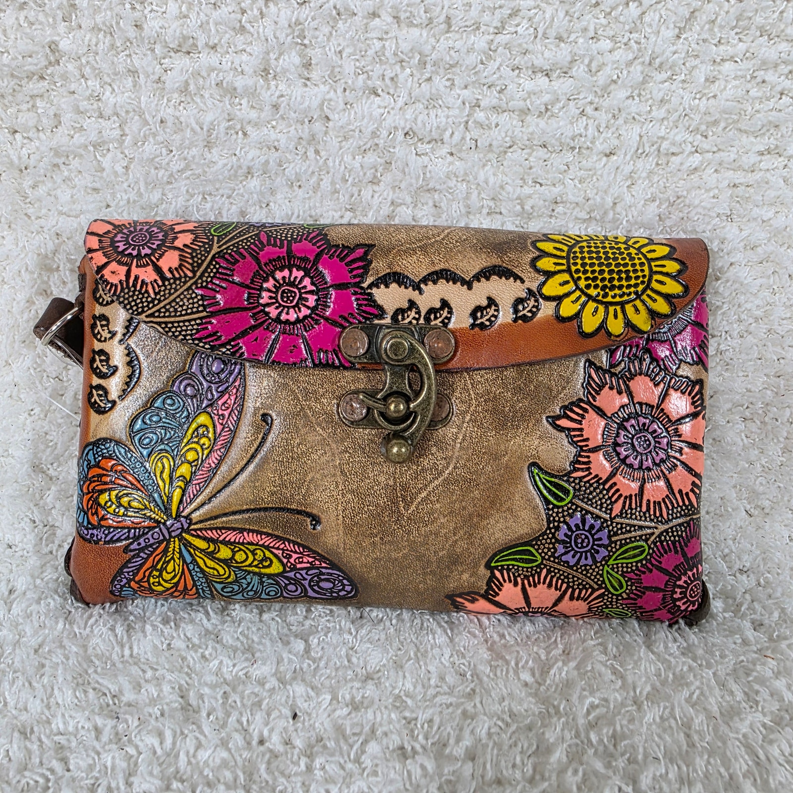Mexican Hand-Tooled Leather Butterflies & Flowers Brown Wristlet Clutch Bag